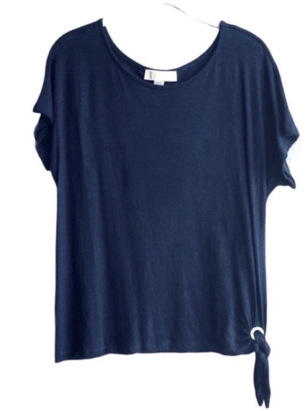 Michael Kors Short Sleeve Blouse Linen Blend Side Tie True Navy Blue Size M